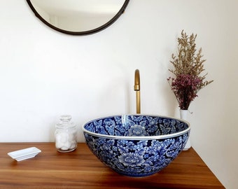Hand-Painted Thai Ceramic Sink: Blue Floral Countertop Basin
