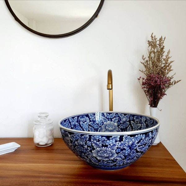 Ceramic sink white and blue/ bathroom sink /  countertop basin / hand painted / hand made