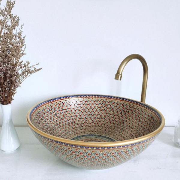 Thai Benjarong ceramic sink hand painted with gold paint (12% of gold)