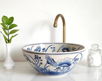 Handmade Ceramic Bathroom Sink: White & Blue Floral Basin