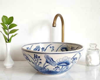 Ceramic sink white & blue / bathroom sink / countertop basin / hand painted / hand made