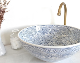 Ceramic sink white and blue with japanese pattern/ bathroom sink /  countertop basin / hand painted / hand made