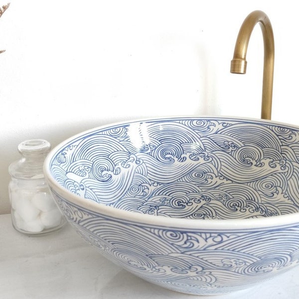 Ceramic sink white and blue with japanese pattern/ bathroom sink /  countertop basin / hand painted / hand made