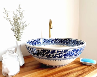 Handmade Thai Ceramic Sink, Blue Floral Countertop Basin