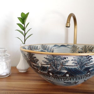 Ceramic sink / bathroom sink / countertop basin /  hand painted / hand made / gold paint ( 12% of gold )