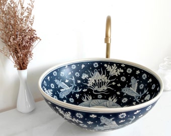 Hand-Painted Koi Carp Ceramic Sink, Thai Bathroom Basin
