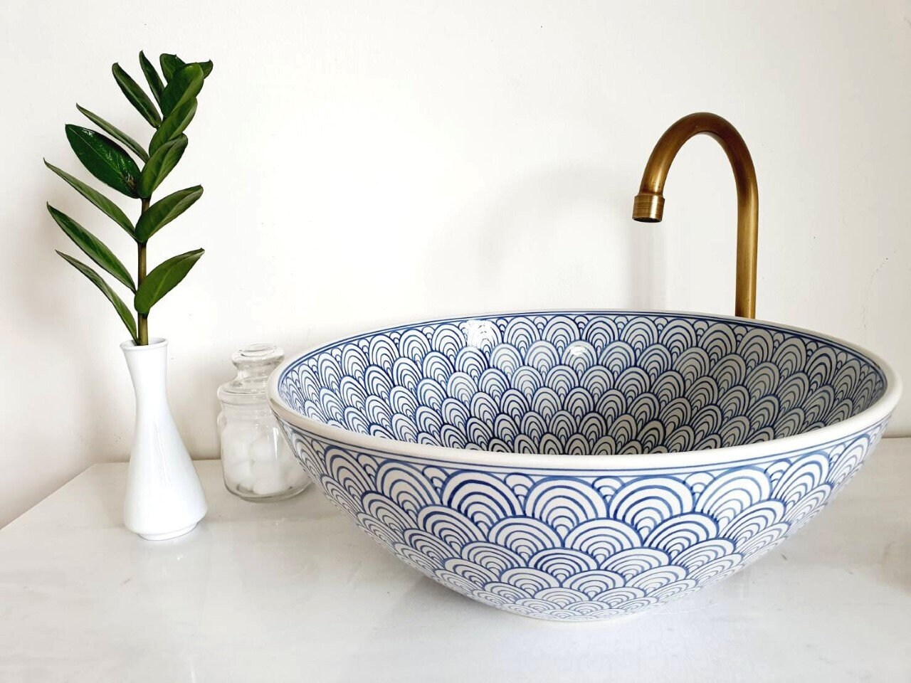 Ceramic sink with white and blue Japanese pattern  / bathroom sink / countertop basin / hand painted / hand made