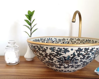 Ceramic sink / bathroom sink / countertop basin / hand painted / hand made / gold paint ( 12% of gold )