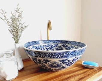 Hand-Painted Ceramic Sink: Blue & White Floral Countertop Basin