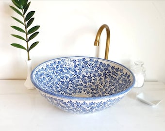 Handmade Ceramic Sink, Blue & White Floral Bathroom Basin