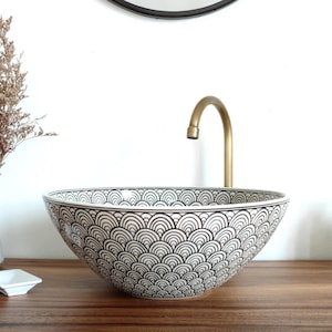 Ceramic sink black and creamy white with japanese pattern / bathroom sink / countertop basin / hand painted / handmade