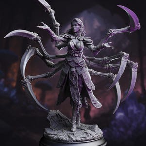 May include: A detailed figurine of a female fantasy character with multiple arms, each holding a curved blade. The figure is clad in ornate armour and stands on a rocky base. The colour palette is primarily shades of grey and purple, creating a mystical aesthetic.