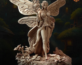 May include: A detailed sculpture of a fairy with large, intricately designed wings. The fairy is holding a sunflower and wearing a flowing gown. The sculpture is in a neutral color, with a detailed base featuring plants and mushrooms.
