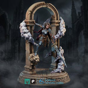 May include: A detailed figurine of a female warrior in silver and bronze armour, holding a sword. She is posed within a stone archway with a lion head carving, surrounded by stylized smoke. The background features a gothic architectural setting.