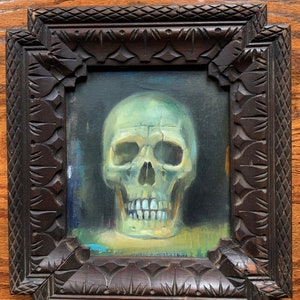 Antique skull oil painting original art macabre fine colour small artwork