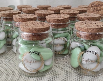 Personalized glass vial with cork stopper. Wedding gift - baptism - wedding candy pot