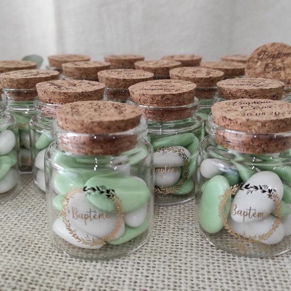 Personalized glass vial with cork stopper. Wedding gift - baptism - wedding candy pot