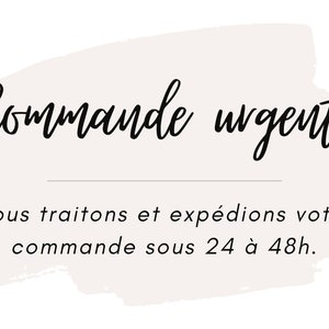 Peut inclure: Un fond blanc avec un design de coups de pinceau gris. Le texte "Commande urgente" est écrit en écriture cursive noire. Sous le texte se trouve une ligne et le texte "Nous traitons et expédions votre commande sous 24 à 48h."