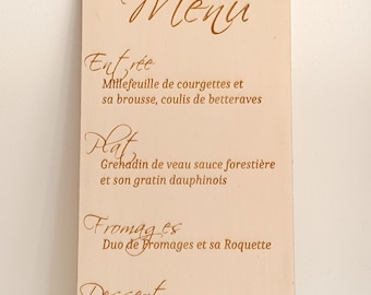 Personalized wooden menu, invitation, decoration for weddings, baptisms, and birthdays.