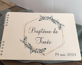 Personalized wooden guest book with color printing for weddings, baptisms, birthdays, and retirements