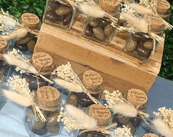 Favor bottle for guests - Jar of chocolate olives with dried flowers