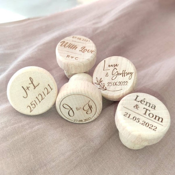 Tapón de vino reutilizable de madera y corcho, personalizable - boda - bautismo - cumpleaños