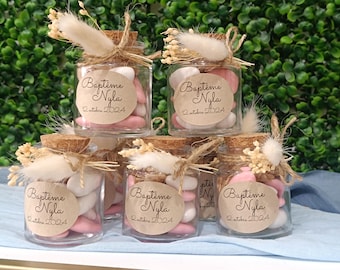 Wedding favor container with dried flowers - glass christening jar - guest favor - sweet treat jar