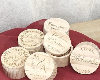 Personalized engraved wooden wedding ring box - round wooden box