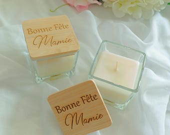 Personalized square glass candle with wooden lid - guest gift
