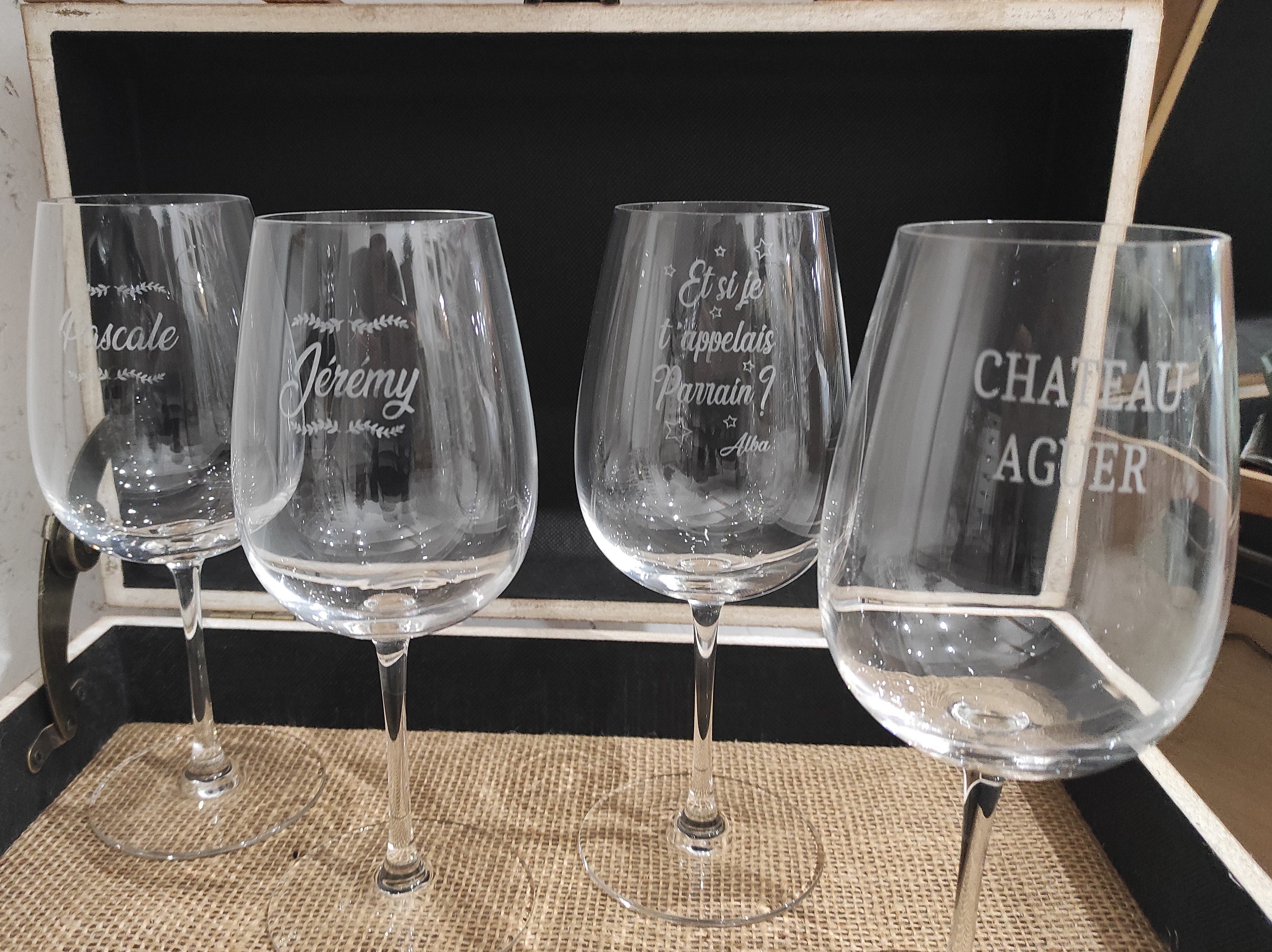 Set of 2, Le Parrain and La Marraine Custom Wine Glasses