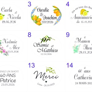May include: Fifteen circular stickers with text and designs for celebrations. The stickers feature names, dates, and phrases such as "Shot of Love" and "Merci". Designs include floral elements and lemons, suitable for weddings and anniversaries.