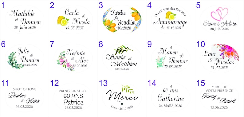 May include: Fifteen circular stickers with text and designs for celebrations. The stickers feature names, dates, and phrases such as "Shot of Love" and "Merci". Designs include floral elements and lemons, suitable for weddings and anniversaries.