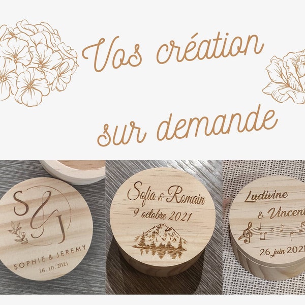 Boîte alliances en bois gravée personnalisée pour mariage - boite ronde bois