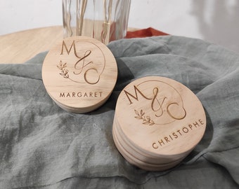 Personalized engraved wooden wedding ring box for wedding - round wooden box