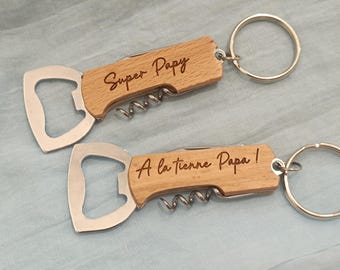 Multifunctional keychain bottle opener with corkscrew and knife - wooden bottle opener, party favor