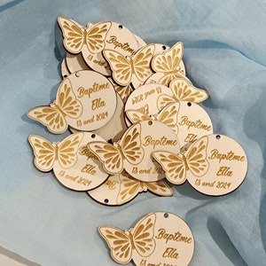 Butterfly shaped wooden label baptism - wedding - birth