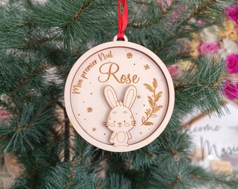 Bola de Navidad de madera personalizada con forma de conejito - Decoración para árbol - Mi primera Navidad - Nombre