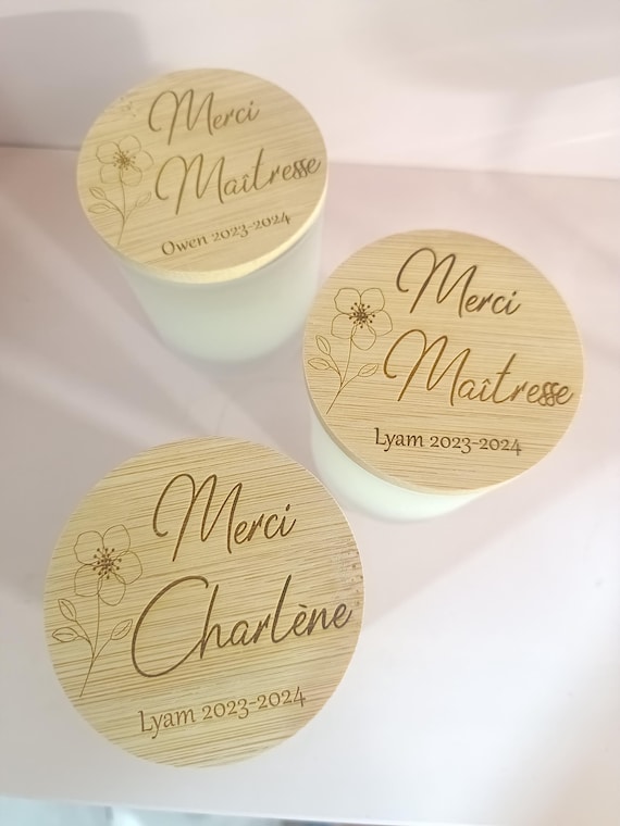 Grande Bougie avec couvercle bois personnalisé -  cadeau d'invité