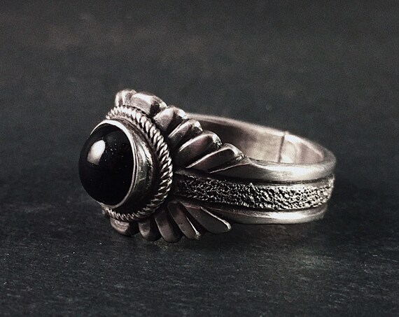 Black Onyx Textured Silver Radiant Ring | Southwestern Boho Onyx Ring