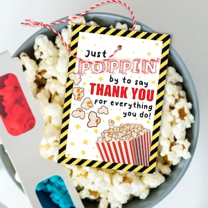 Popcorn Gift Tag Printable, Just Poppin by to say Thank you gift tag, Employee Appreciation Gift, Teacher Christmas Gift Tag Printable