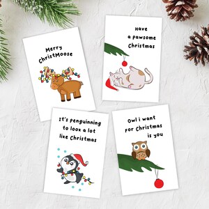 Punny Christmas Cards, Pack of 4 Funny Christmas Cards, Animal Christmas Cards, Hand Drawn Christmas Pun Cards, Christmas Pun Cards Set