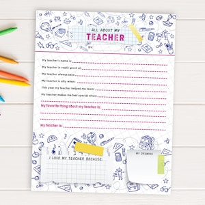 All About My Teacher Questionnaire, Teacher Appreciation Week Printable, Teacher Appreciation Survey, Teacher Questionnaire Printable