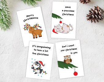 Punny Christmas Cards, Pack of 4 Funny Christmas Cards, Animal Christmas Cards, Hand Drawn Christmas Pun Cards, Christmas Pun Cards Set