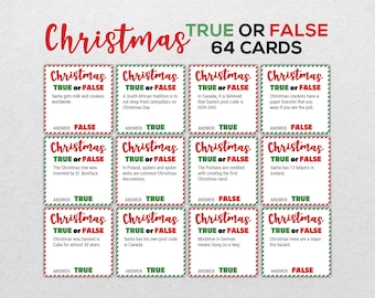 May include: A set of 64 Christmas-themed true or false cards with red and green borders. Each card features a festive Christmas-related question with a true or false answer.
