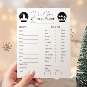 Printable Secret Santa Questionnaire, Christmas Secret Santa, Secret Santa Office Christmas Party, Secret Santa Questions