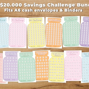 1-20K Printable Savings challenge bundle for A6 Cash Binders & A6 Cash Envelopes | Money Savings tracker | Savings Jar | A6 Budget Binders