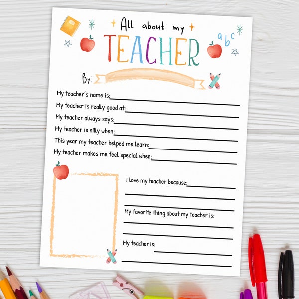 All About My Teacher, Teacher Appreciation Week Printable, Teacher Appreciation Questionnaire, Teacher Appreciation Printable Survey