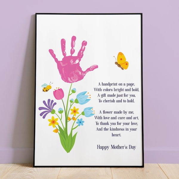 Mother's Day Flower Handprint Art, Memory Keepsake, Toddler Crafts, Baby Handprint Craft, Mothers Day Gift For Grandma, Kids Gift For Mom