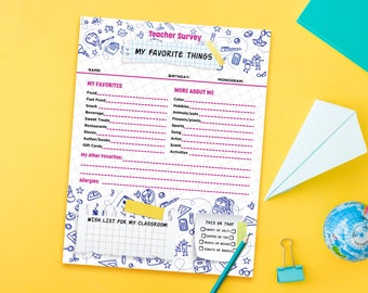 Teacher Favorite Things Survey, Printable Questionnaire (Instant Download)
