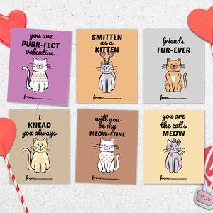 Cat Valentine Card Classroom, Kids Valentines cards set of 6, Cat pun cards, Kitty Valentine Cards, INSTANT DOWNLOAD